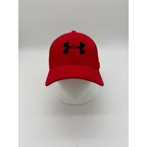 Under Armour Red Hat Mens Fitted Baseball Cap Stretch Fit Black Logo UA